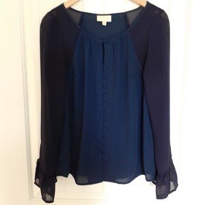 ModCloth Mixed Media Long Sheer Sleeve Button-Up Top Blue Size M